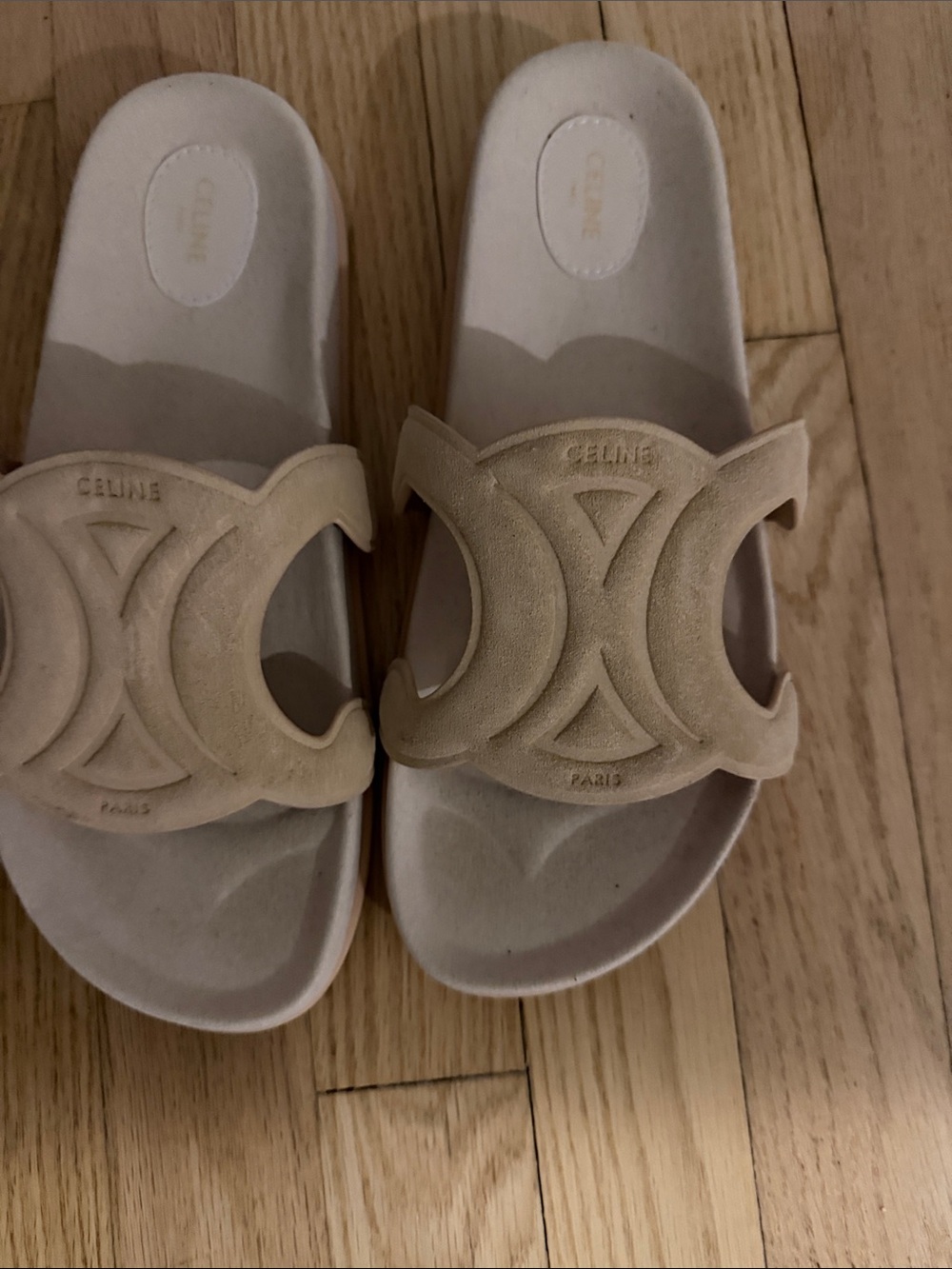 Celine Tan Suede Logo Slide Sandals